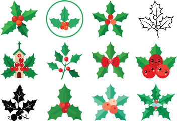Christmas Holly Berry Vector Set with Green Leaves and Red Berries