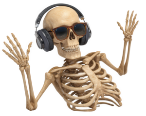 Skeleton with headphones sunglasses dancing joyful music fun quirky human bones isolated transparency background
