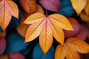 Obraz premium Vibrant autumn leaves showcasing a blend of orange and red hues against a dark background