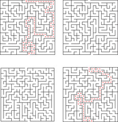 Four complex mazes with pink and green solution paths