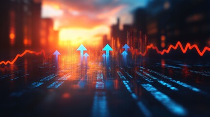 Cityscape with rising graphs and code