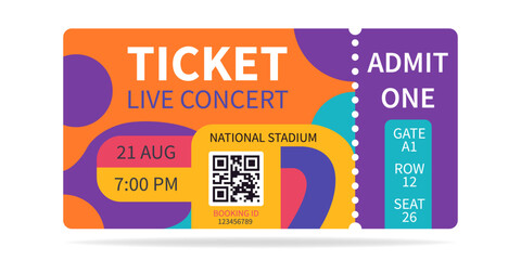 Colorful Ticket Design Template. Ticket admit one, Cinema, theater, concert, play, party, event, festival.
