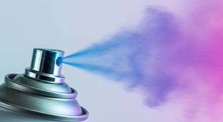 Close-up of a metallic aerosol can spraying a vibrant cloud of blue and purple mist against a soft gradient background