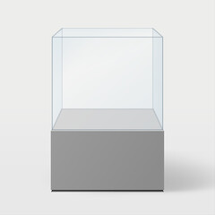 Empty crystal pedestal platform for product showcase or presentation.  Tall vitrine for exhibiting art objects, jewelry. 
