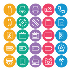 Circle color outline icons set for Devices and hardware.
