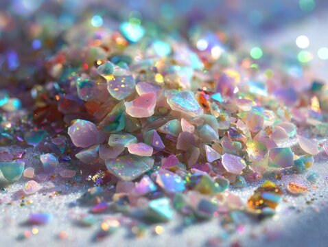 Iridescent Opalescent Glittering Gems and Crystals Pile Shimmering with Rainbows in a Dreamlike Landscape of Sparkling Fairy Dust and Celestial Light