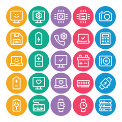 Circle color outline icons set for Devices and hardware.