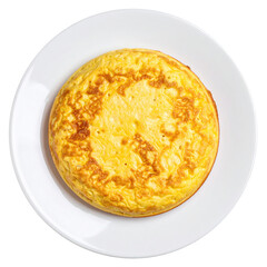 Perfectly shaped omelette on white ceramic plate top view clean background golden fluffy breakfast delicious homemade