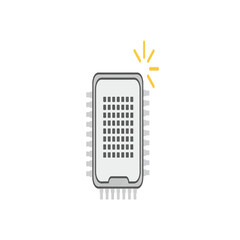 Stylized illustration of a computer chip with a glowing light, representing processing and innovation in technology.