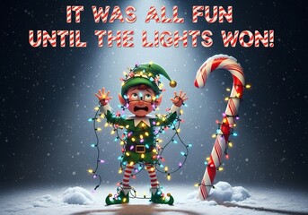 Christmas Elf Tangled in Lights. A photorealistic, comical scene of a mischievous Christmas elf tangled up in twinkling holiday lights, looking both embarrassed and adorable.
