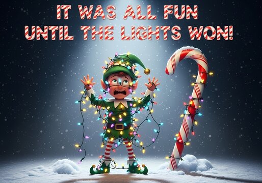 Christmas Elf Tangled in Lights. A photorealistic, comical scene of a mischievous Christmas elf tangled up in twinkling holiday lights, looking both embarrassed and adorable.