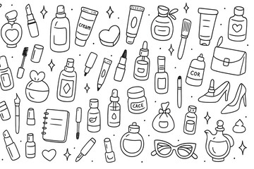 Seamless Hand-Drawn Doodle Vector Illustration of Makeup, Skincare, Fashion, and Stationery Items in Black Line Art on White Background
