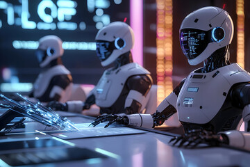 Futuristic robotic team working together in advanced tech lab, a stunning vision of AI collaboration and cutting-edge innovation for forward-thinking projects