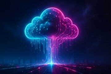 Large neon cloud with dripping circuit lines and particles against a night sky, cyan-magenta glow, futuristic style for connectivity, data storage, SaaS marketing, and presentations.