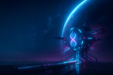 Orbital research station with illuminated DNA helix core near a blue planet, cyan and magenta accents, deep-space scene, biotechnology and astrophysics background for science communication.