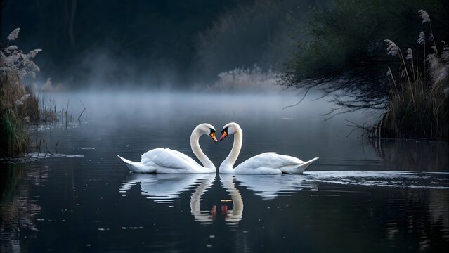 Two Swans Forming Heart Shape on Dark Water