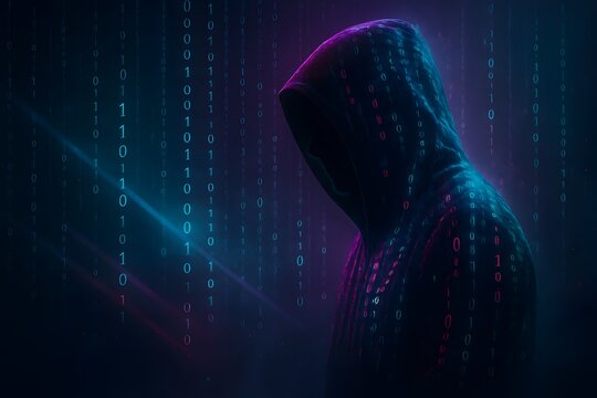 Anonymous hooded figure amid falling binary code, teal and magenta rim lighting, moody cybersecurity aesthetic suitable for threat intelligence, hacking awareness, and privacy communication materials.