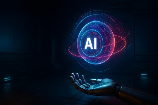 Robotic hand presenting a glowing AI sphere with orbital rings, neon blue and magenta light on dark background, futuristic concept for advertising, websites, and presentations.