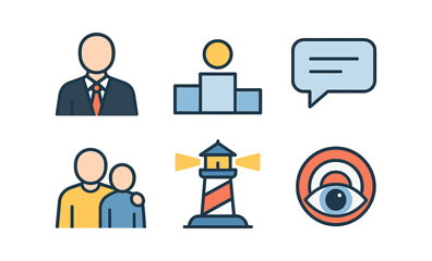 Minimalist line art icons featuring people, lighthouse, and communication