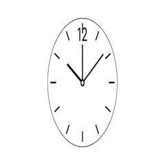 A minimalist black and white line drawing of an oval analog clock showing the time as ten past ten on a white background.