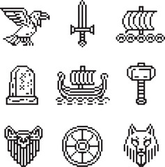 Fototapeta premium Norse Mythology Pixel Vector Icons Odin’s Raven, Viking Sword, Longship, Thor’s Hammer, Runestone, Nordic Shield, Wolf Symbol
