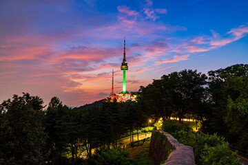 Obraz premium Sunset at Namsan Tower in Seoul,South Korea. August 04, 2025
