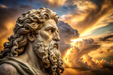 Zeus statue with dramatic sky background depicting power and ancient mythology