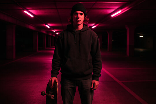 Young man holding a skateboard in a dark parking garage lit with vivid neon pink lights