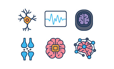 Stylized brain and neuron icons with neural network themes
