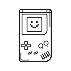 Retro handheld game console with cute pixel smiley face. Vintage portable gaming device line art icon. Classic video game player vector illustration.
