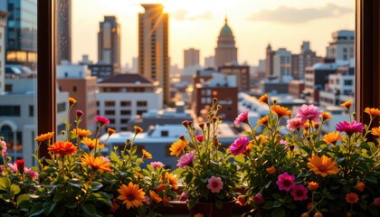 Fototapeta premium Vibrant Flowers in Windowsill with City Skyline at Sunset Over Urban Landscape