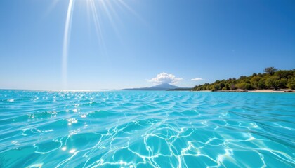 Clear Turquoise Waters Under Bright Sky with Gentle Waves and Distant Green Landscape View