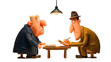 Animated Conversation: In a stylized illustration, two figures engage in an animated discussion across a table beneath a solitary light, perfect for themes of negotiations or interrogation.