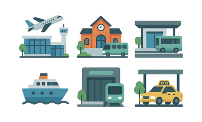 Fototapeta premium Modern transport icons set: airplane, bus, train, ship, and taxi in flat style