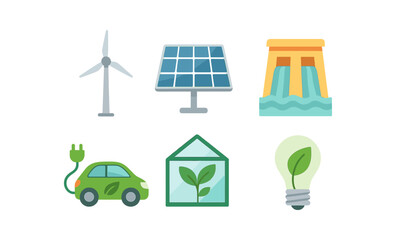 Renewable energy icons featuring wind turbine, solar panel, hydroelectric dam, electric car, greenhouse, and eco lightbulb