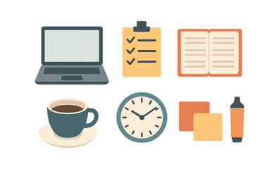 Flat design office essentials with coffee, laptop, clock, and notebooks