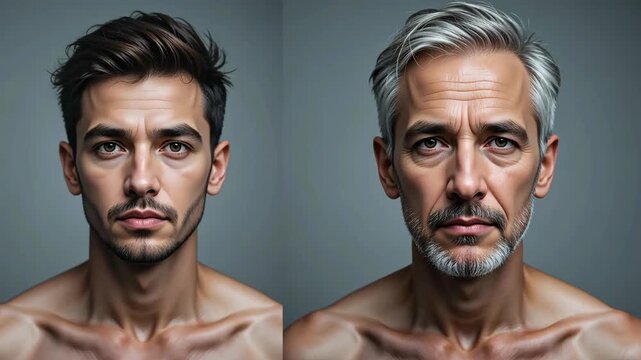 Close-up portrait of young man and older man side by side against neutral background. Concept of generations and passage of time