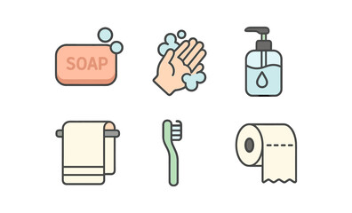 Hygiene icons: soap, handwashing, sanitizer, towel, toothbrush, tissue