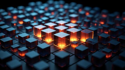 Abstract glowing cubes arranged in a grid pattern with a dark background representing data technology and digital networks