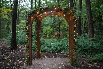 Wooden Wedding Arch Decorated with Lights and Flowers in Forest Setting