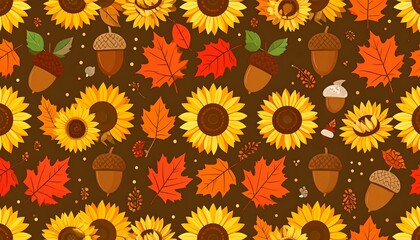 Autumnal Seamless Pattern with Sunflowers and Acorns