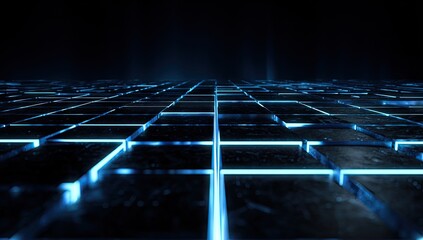 Glowing blue grid receding into dark abyss