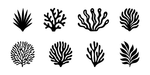 Silhouette Coral and Seaweed Vector Set, Marine Plants, Ocean Underwater Elements, Black Sea Coral Illustration for Design and Decoration