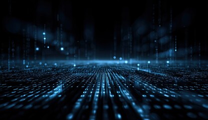 Abstract digital landscape with glowing blue data streams and particles