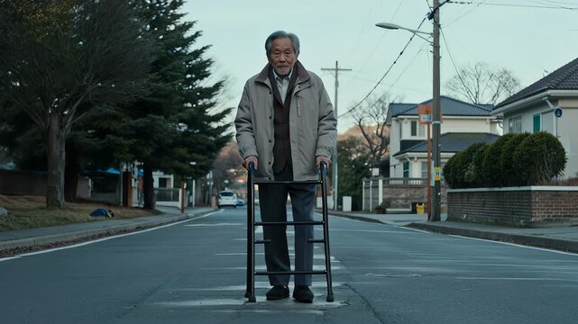 Titulo: Elderly man walking with walker on quiet residential street