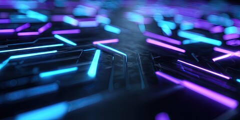 Abstract neon light streaks on dark surface forming intricate pattern