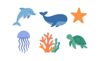 Naklejka premium Glowing neon sea life: whale, dolphin, turtle, jellyfish, coral, and starfish design