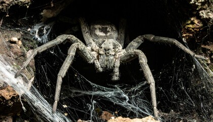 Terrifyingly realistic close-up of a large hairy spider lurking in its dark web-filled den