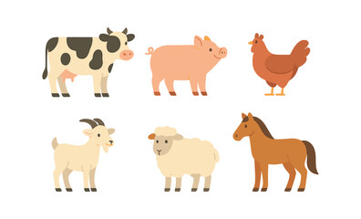 Glowing farm animals on dark gradient background: modern flat design