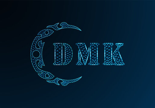 Low poly letter logo DMK design. DMK letter logo low poly vector design on blue color gradient background. DMK logo low poly design